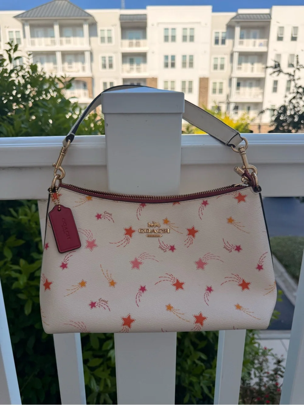 Coach Cream Leather Shoulder Bag with Pink & Orange Star Print